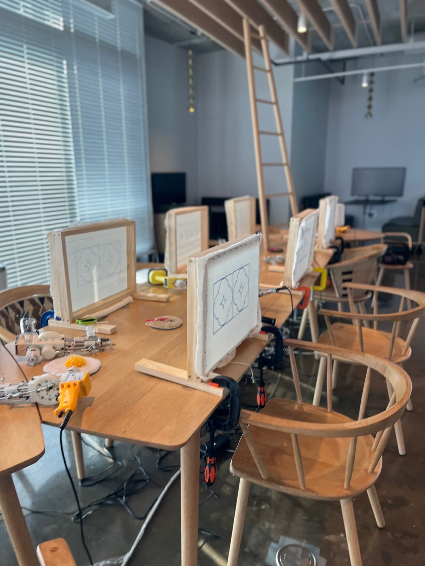 Tufting frames set up for a corporate workshop at Fybre Studios