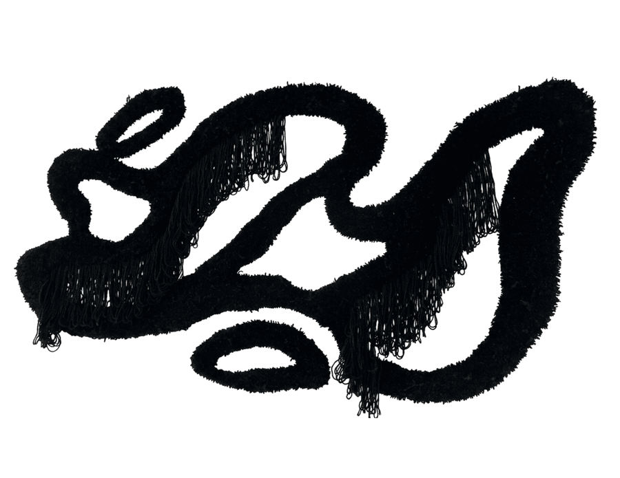 Freeform black Liquid Rug motif with fringed edge detail