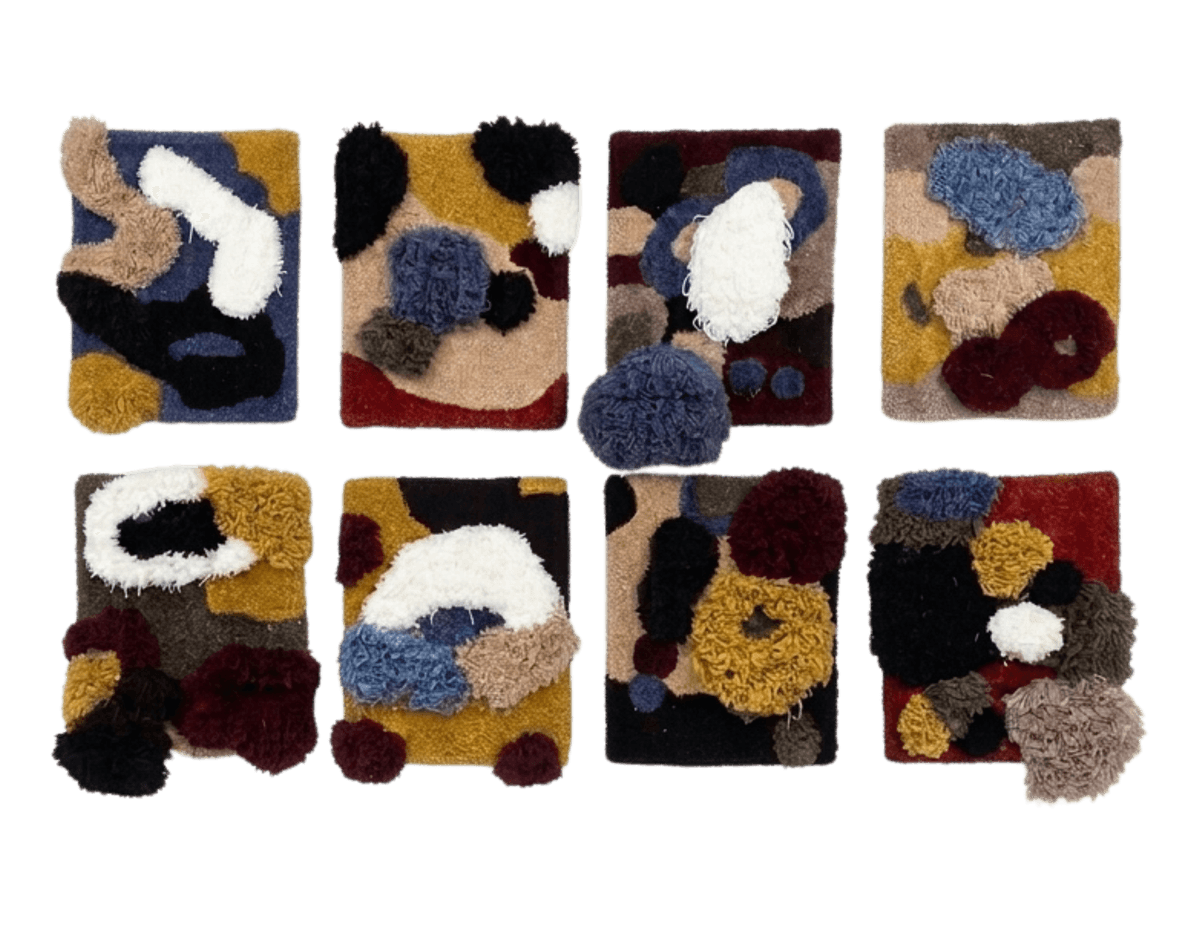 Grid of eight small Liquid Rug swatches in the Zambia colour story