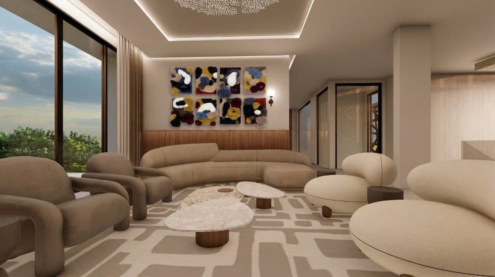Concept render of eight Liquid Rug panels installed above a lounge sofa
