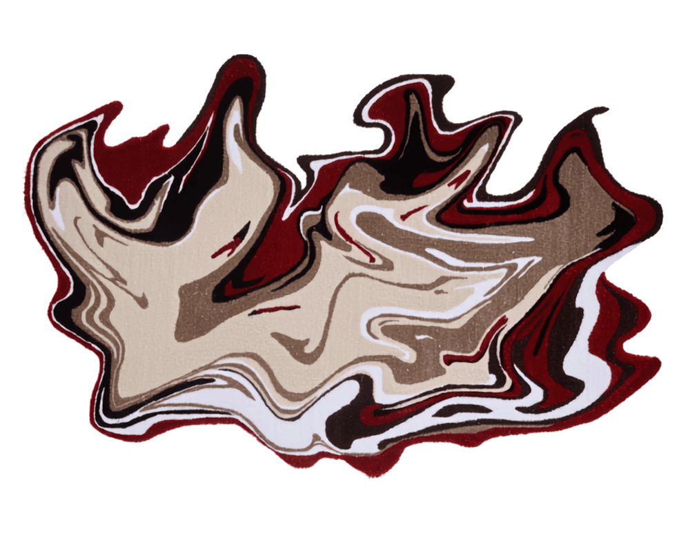 An abstract liquid-swirl tufted rug in maroon, tan, and cream